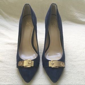 Vince Camuto Suede Pump Blue w/ Gold Buckle